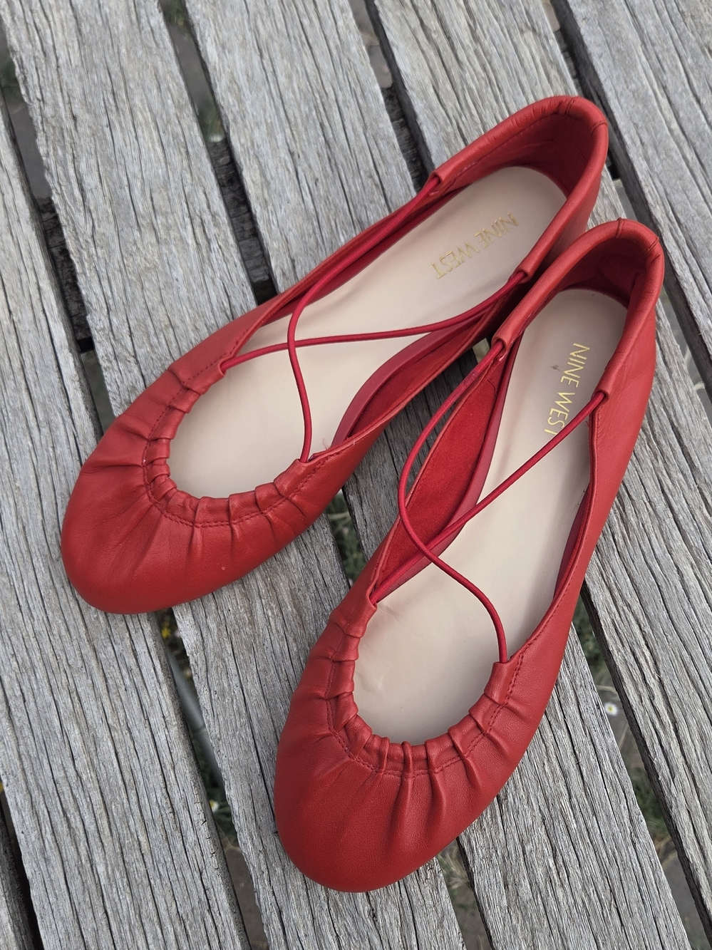 Nine West Red "Maerao" Leather Ballet Flats with Elastic Criss-Cross-Strap - Picture 2 of 10